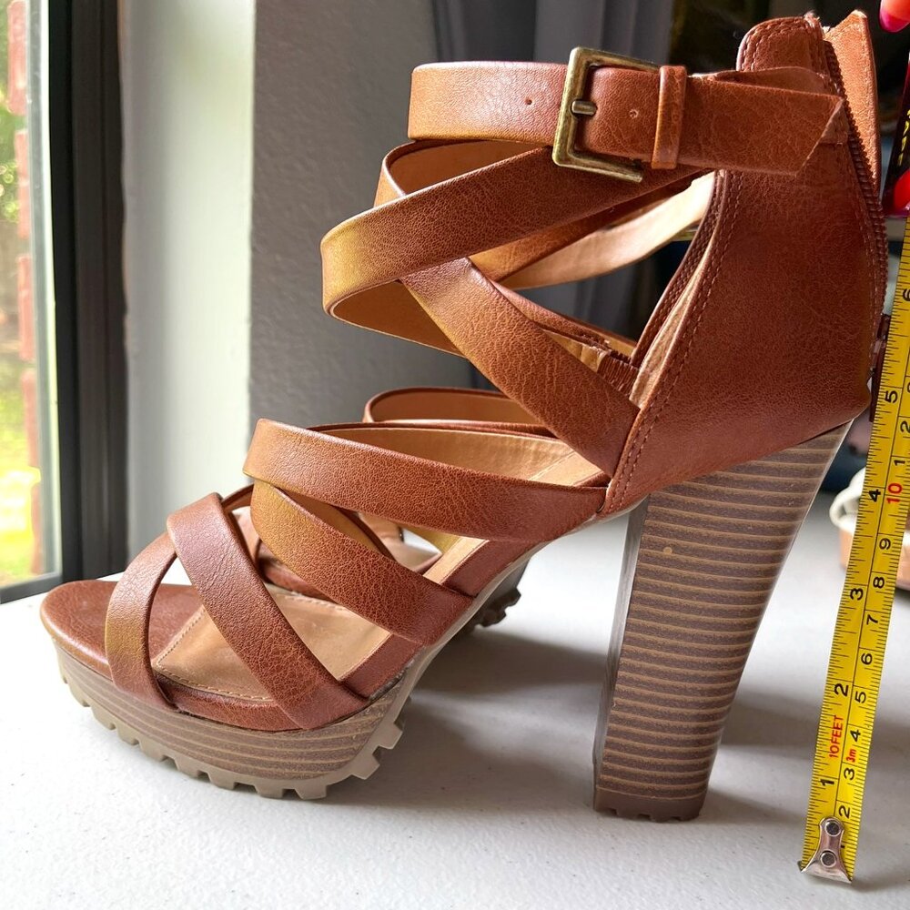 Report Sophia Sturdy Heels Strappy Shoes Brown Tan Womens Size 9.5